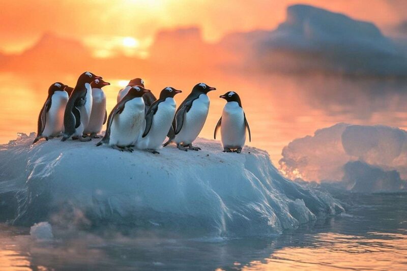 Une colonie de manchots sur la glace étincelante